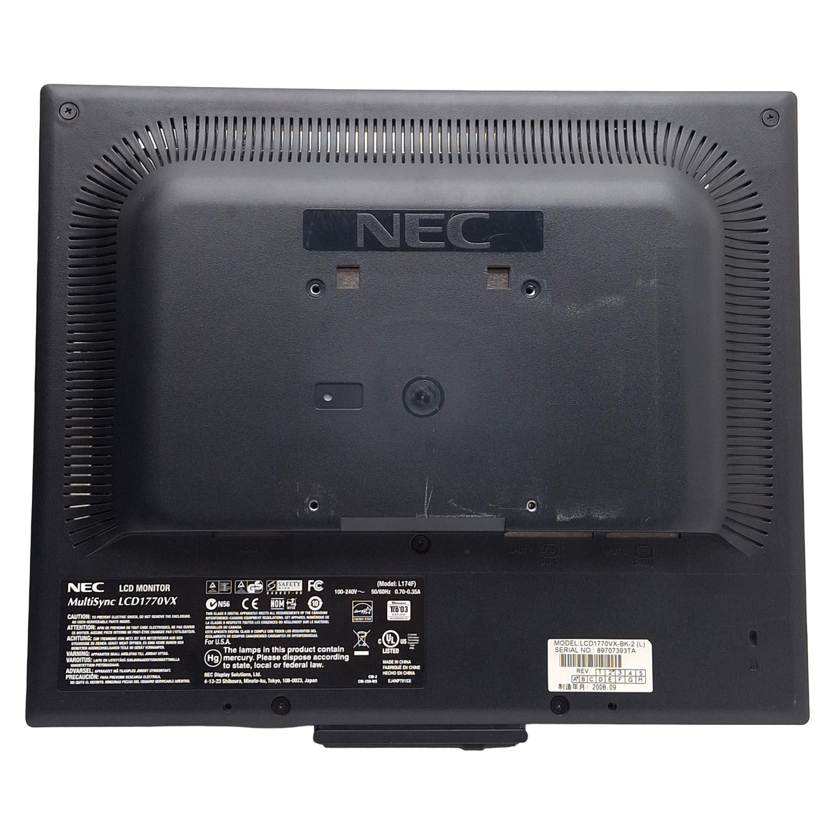 Used NEC LCD1770VX-BK-2 MultiSync LCD Monitor, 17in, VGA, DVI-D, VESA 100 *Scuffs*
