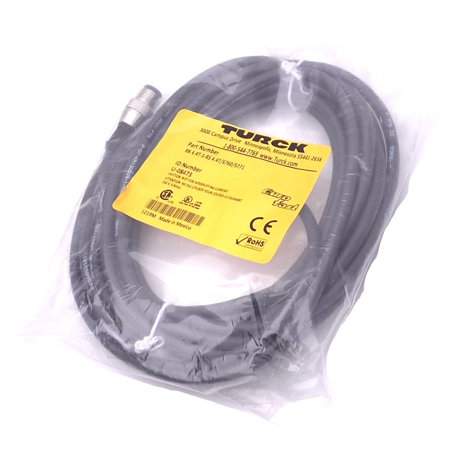 New Turck RK 4.4T-5-RS 4.4T/S760/S771 Eurofast Cordset, M12 4-Pin Male/Female, 5m