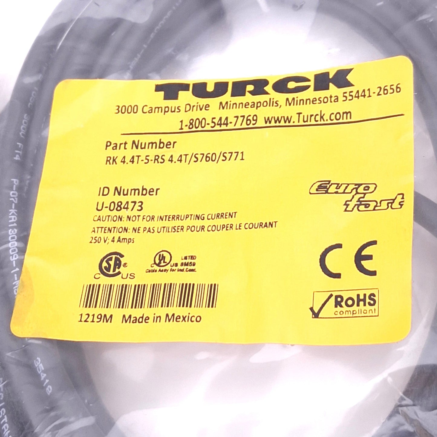 New Turck RK 4.4T-5-RS 4.4T/S760/S771 Eurofast Cordset, M12 4-Pin Male/Female, 5m