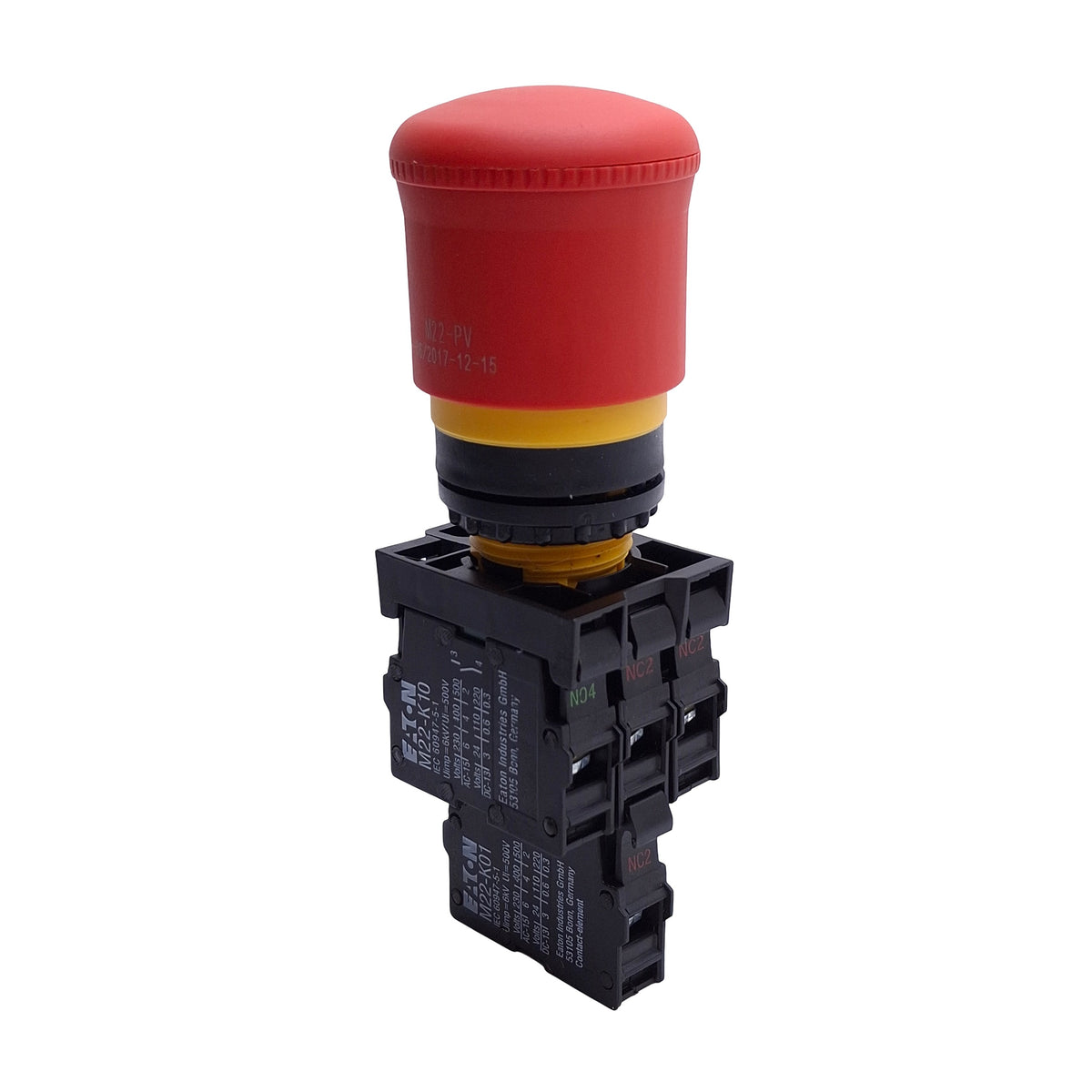 Used EATON M22-PV-K12 E-Stop Push Button, Push/Pull, ø22.5mm, 1NO+3NC, 600VAC 10A