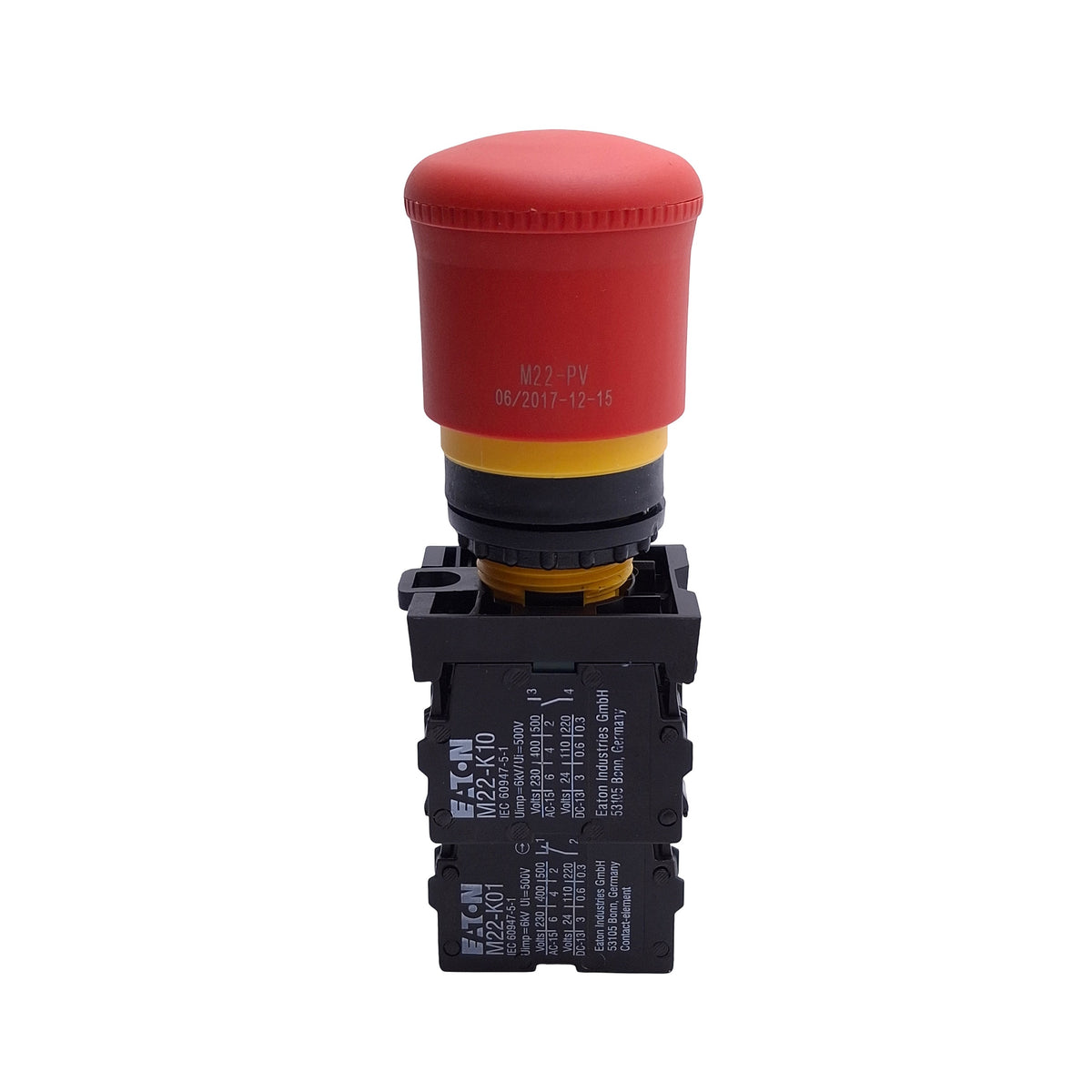 Used EATON M22-PV-K12 E-Stop Push Button, Push/Pull, ø22.5mm, 1NO+3NC, 600VAC 10A