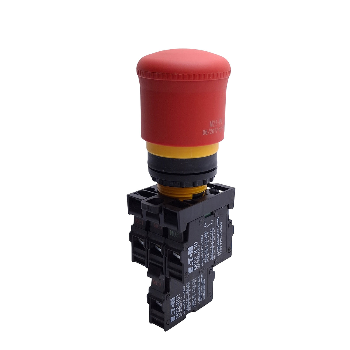 Used EATON M22-PV-K12 E-Stop Push Button, Push/Pull, ø22.5mm, 1NO+3NC, 600VAC 10A
