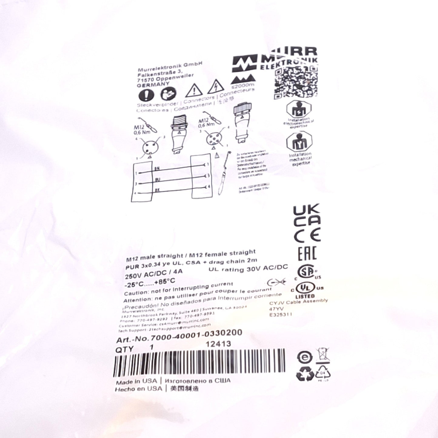 New Murrelektronik 7000-40001-0330200 Cordset, 3-Pin M12 Male to Female, 2m Length