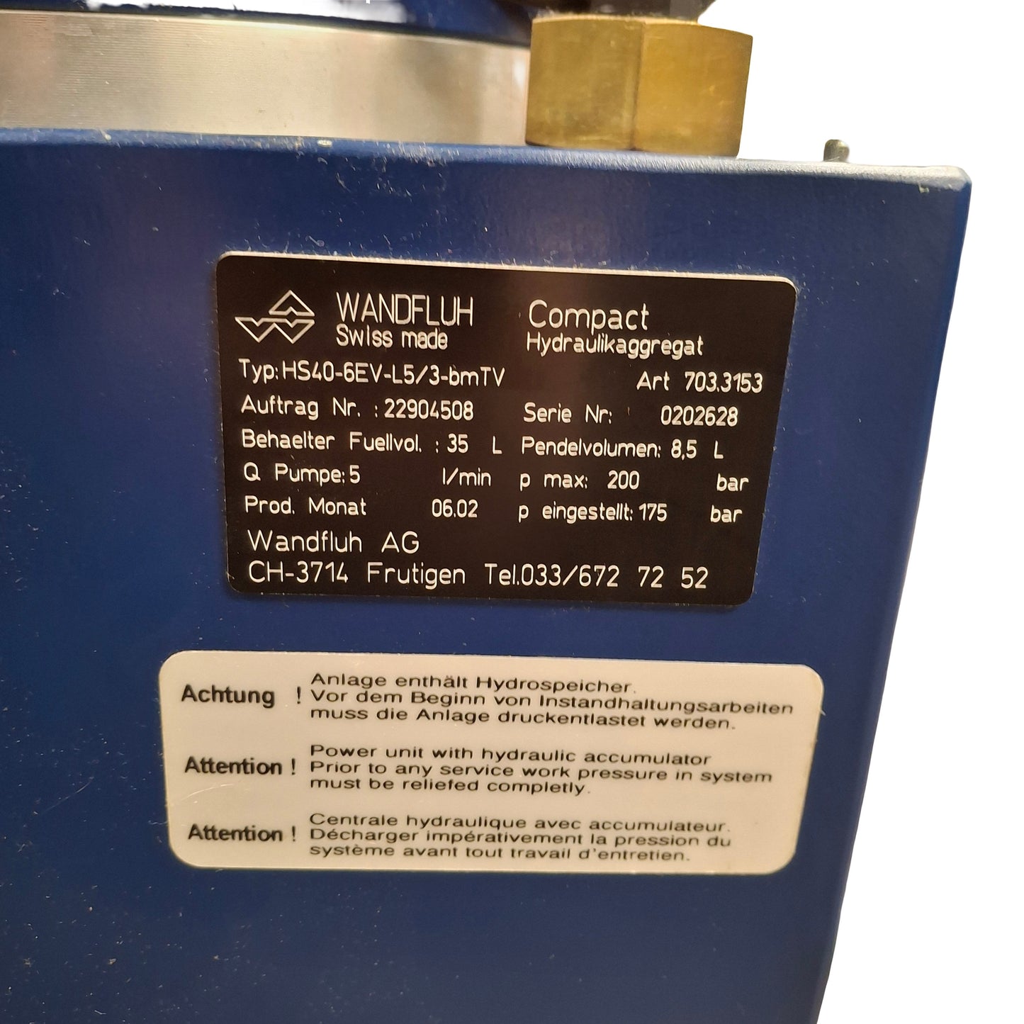 Used Wandfluh HS40-6EV-L5/3-bmTV Hydraulic Pump For Microjet Di, 3x400/230VAC