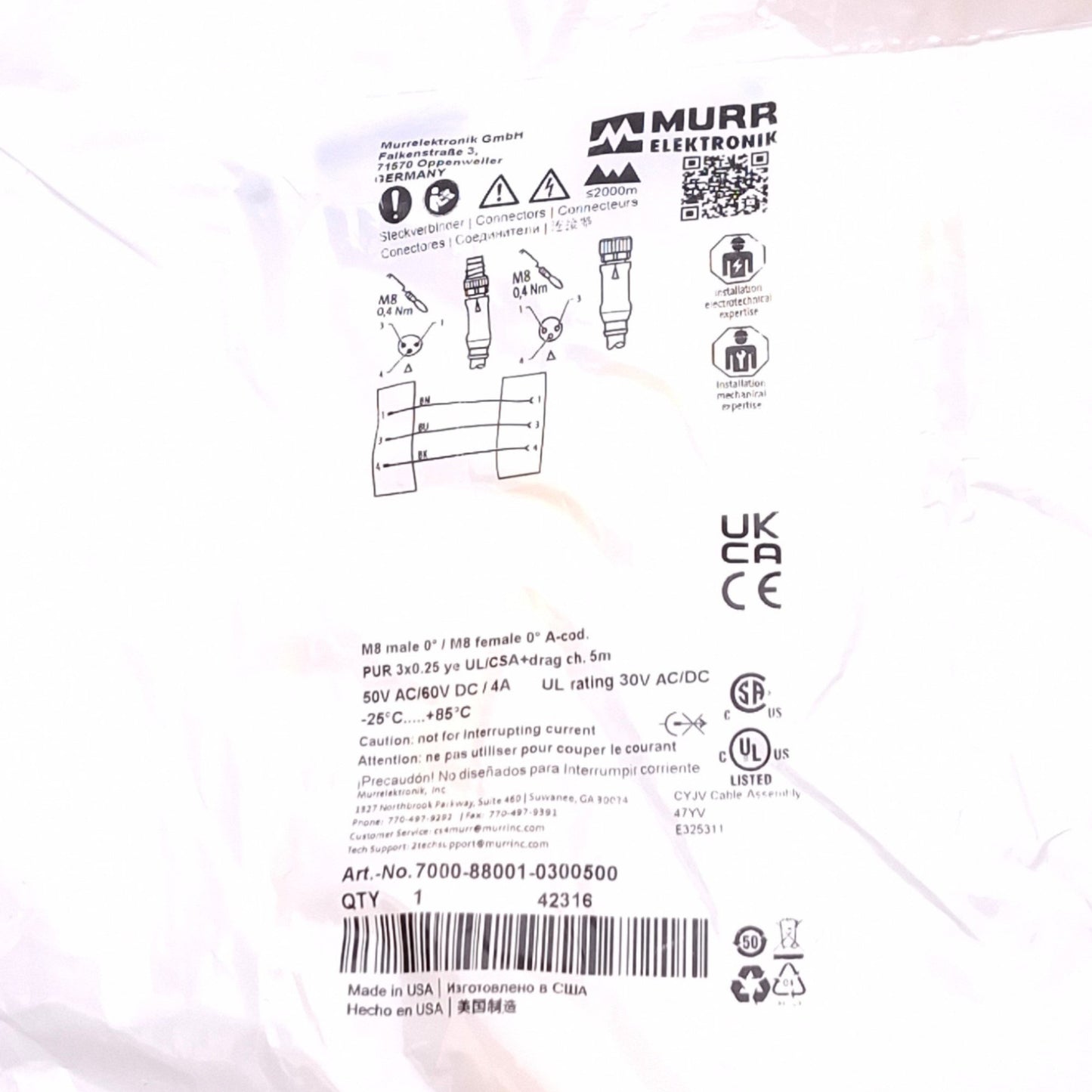 New Murrelektronik 7000-88001-0300500 Cordset, 3-Pin M8 Male to Female, 5m Length