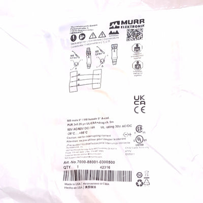 New Murrelektronik 7000-88001-0300500 Cordset, 3-Pin M8 Male to Female, 5m Length