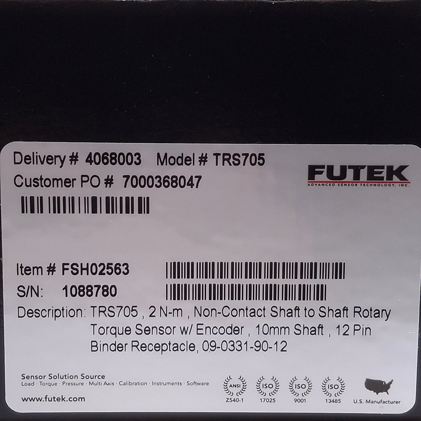 New Futek TRS705 Rotary Torque Sensor w/Encoder 7000rpm, 2Nm Capacity, 12-Pin Male