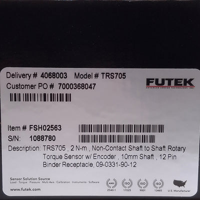 New Futek TRS705 Rotary Torque Sensor w/Encoder 7000rpm, 2Nm Capacity, 12-Pin Male