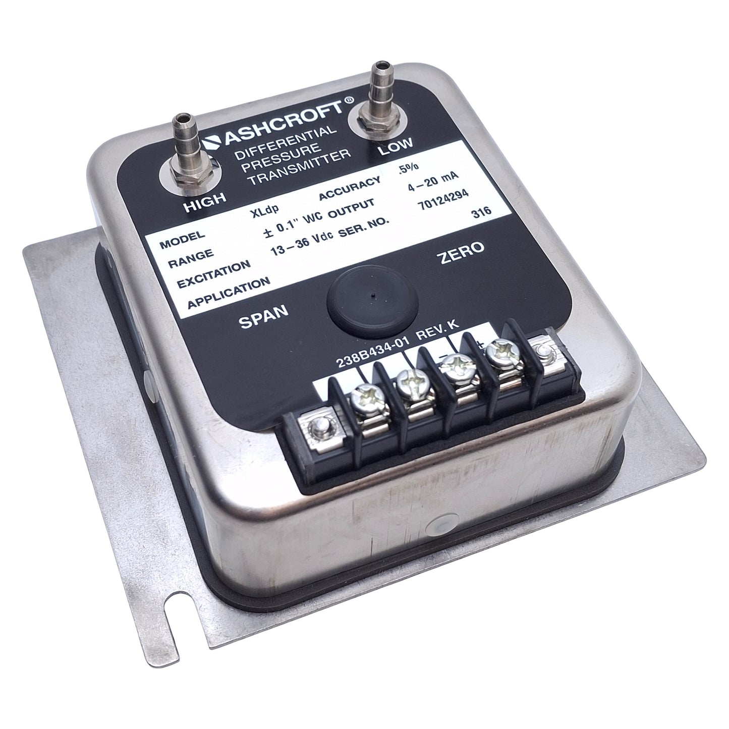 New – Open box Ashcroft XLdp Differential Pressure Transducer 4-20mA Out, ±0.1" Range, 1/4 Barb
