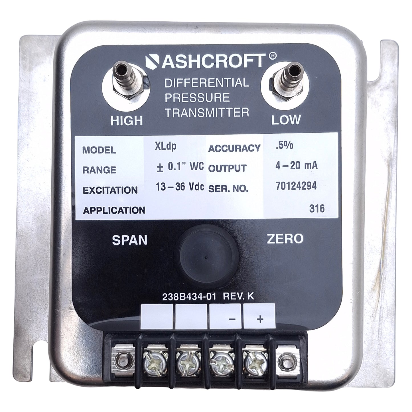 New – Open box Ashcroft XLdp Differential Pressure Transducer 4-20mA Out, ±0.1" Range, 1/4 Barb