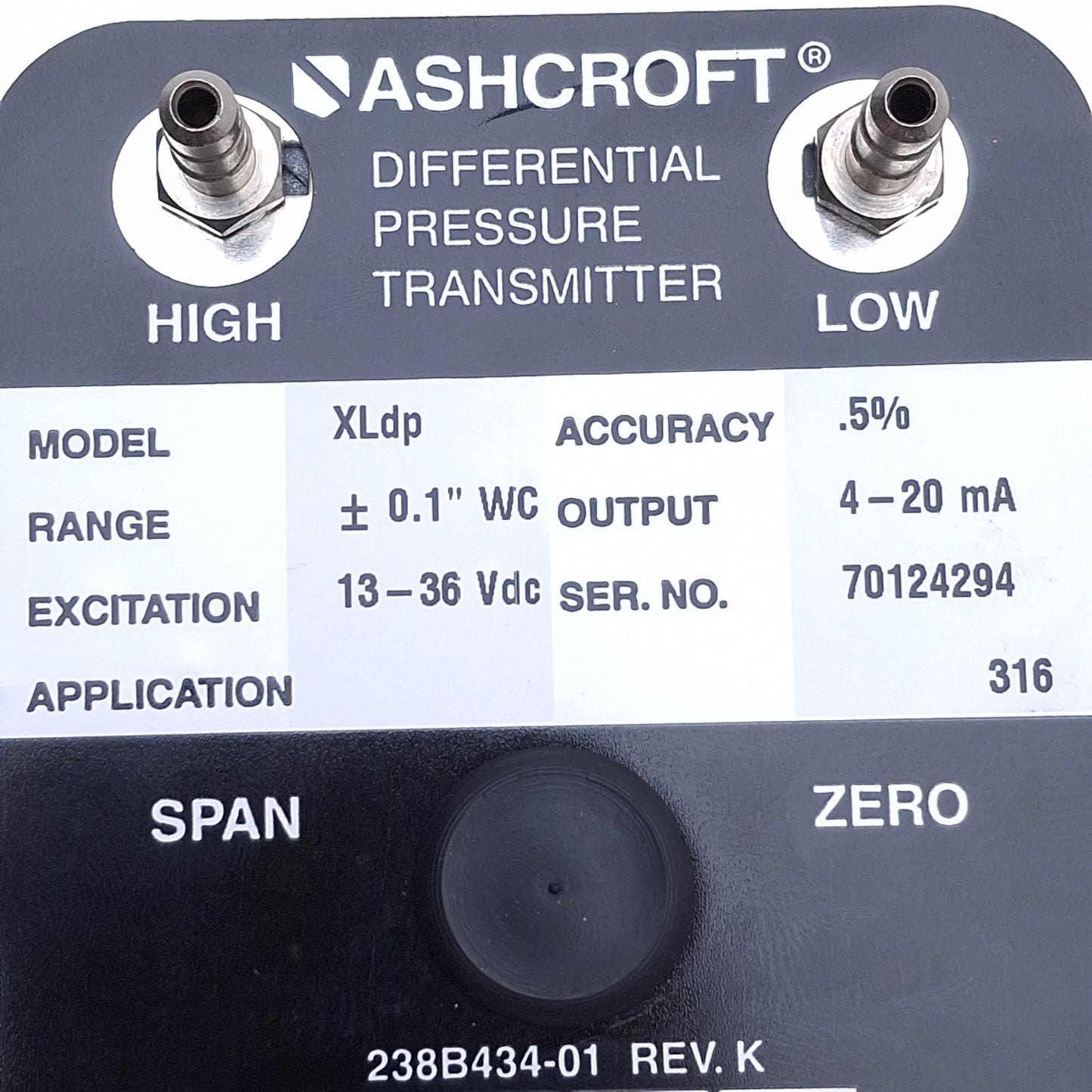 New – Open box Ashcroft XLdp Differential Pressure Transducer 4-20mA Out, ±0.1" Range, 1/4 Barb