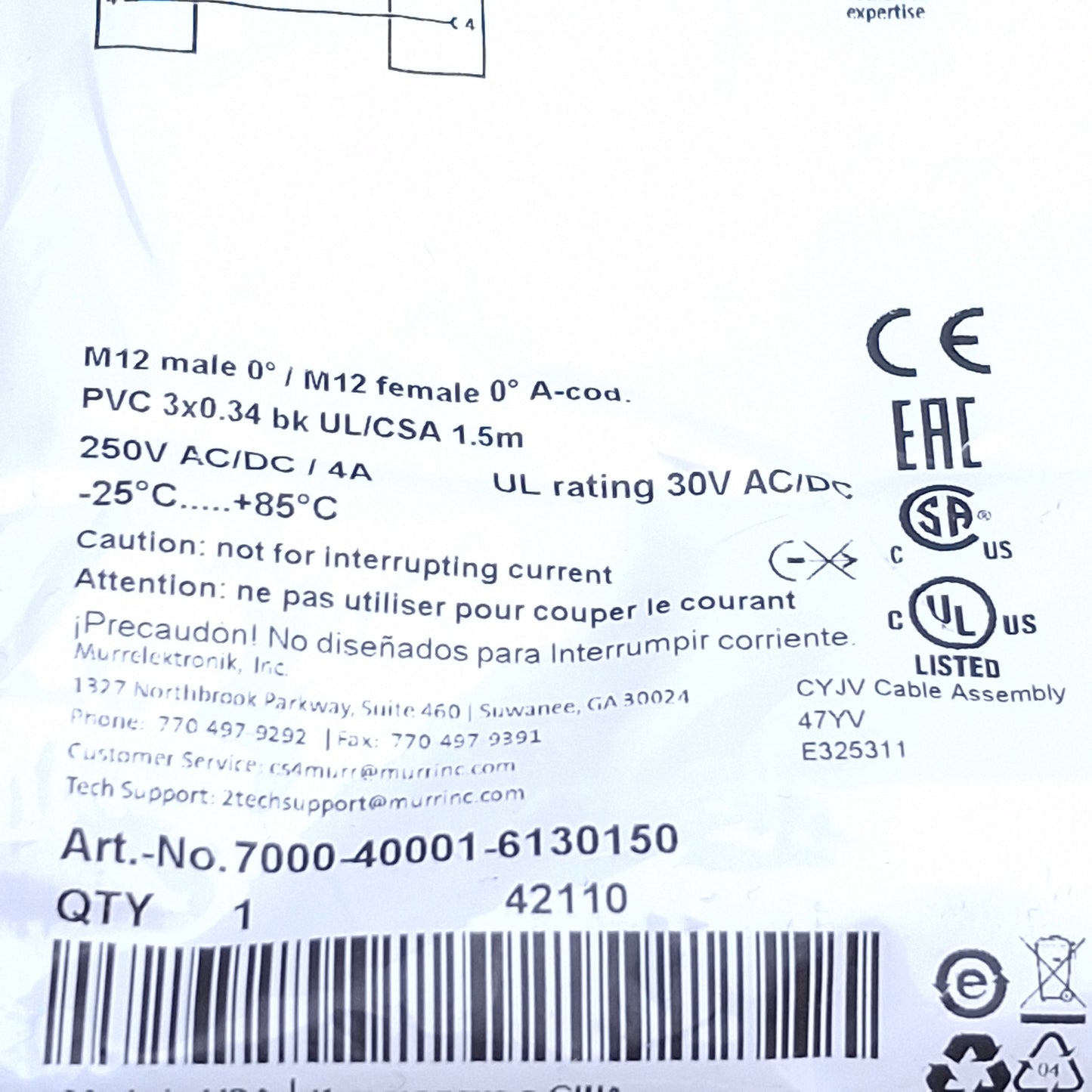 New Murrelektronik 7000-40001-6130150 Cordset, 3-Pin Male to Female, 1.5m Length