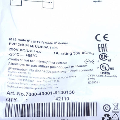 New Murrelektronik 7000-40001-6130150 Cordset, 3-Pin Male to Female, 1.5m Length