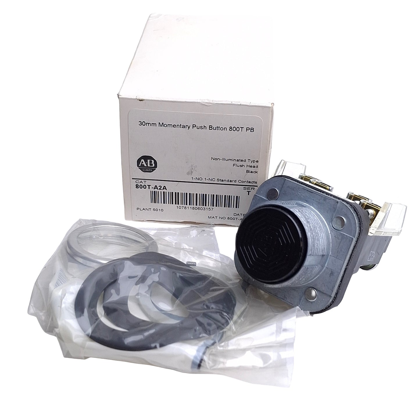 New Allen Bradley 800T-A2A Pushbutton Switch, Momentary, Flush, 30mm, Black, 1NO+1NC