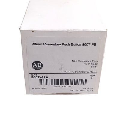 New Allen Bradley 800T-A2A Pushbutton Switch, Momentary, Flush, 30mm, Black, 1NO+1NC