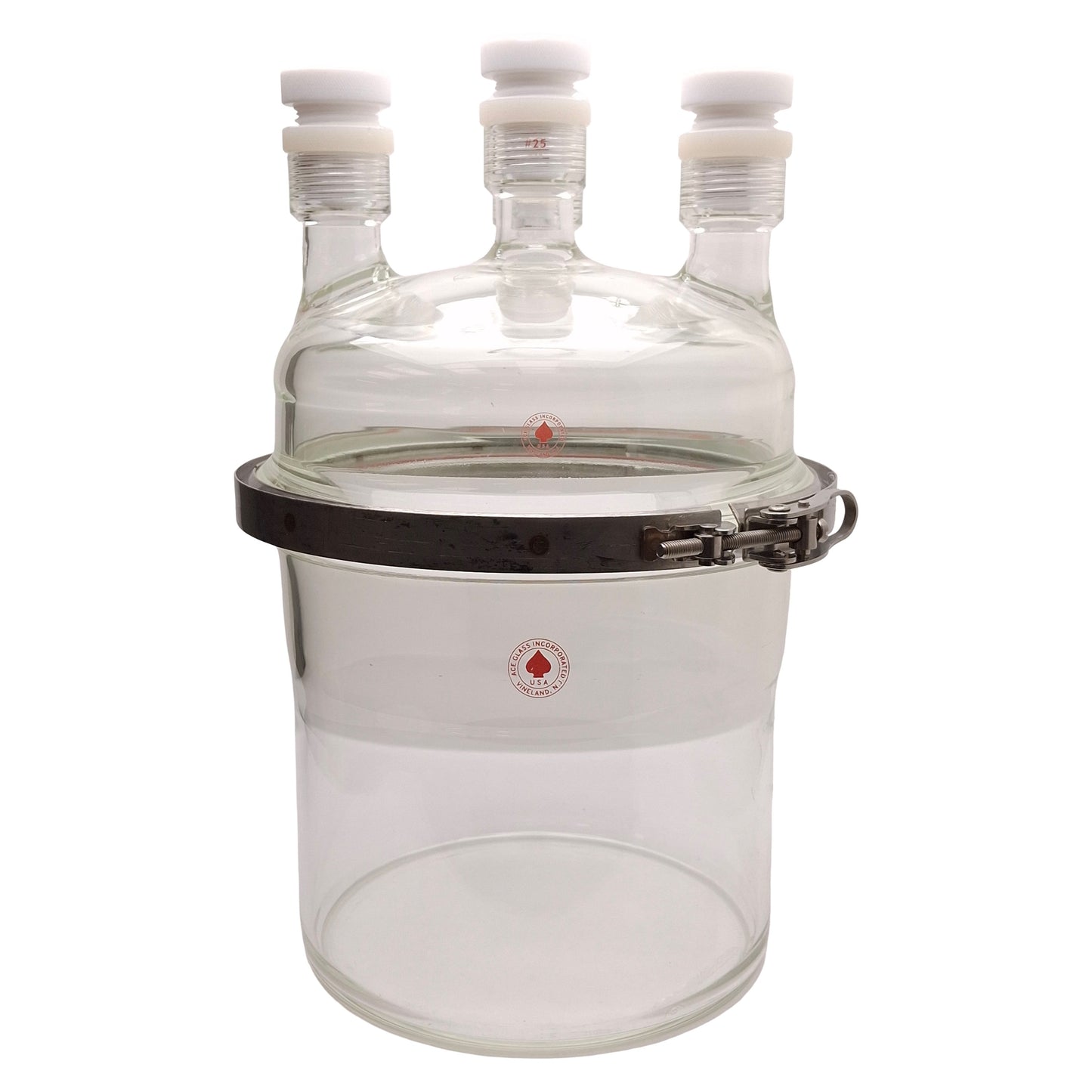 Used Ace Glass Reactor Chamber, 6L Base, 4x #25 Necks, Two-Piece, 8in Duran Flange