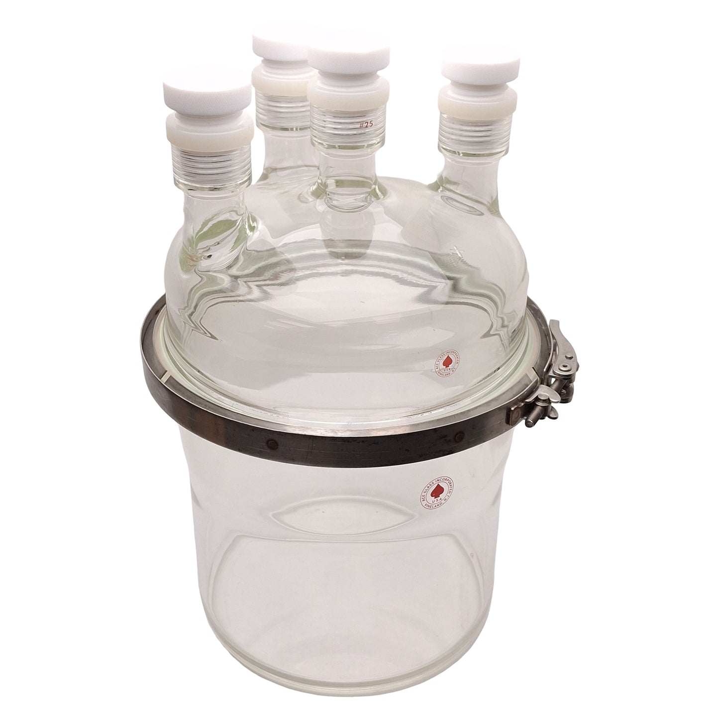 Used Ace Glass Reactor Chamber, 6L Base, 4x #25 Necks, Two-Piece, 8in Duran Flange
