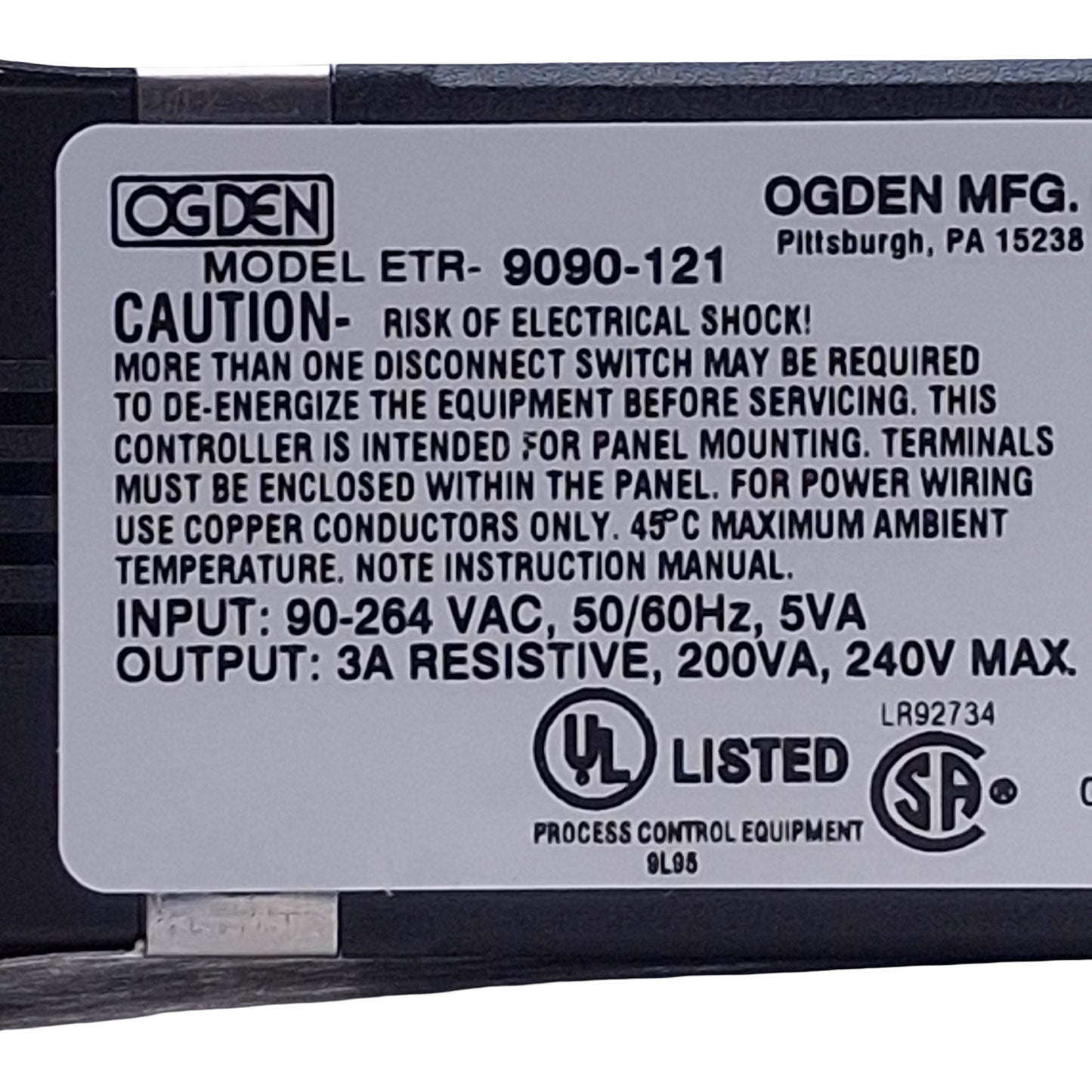 Used Odgen ETR-9090-121 Auto Tune PID Controller 90-264AC, 240VAC/DC Relay Output