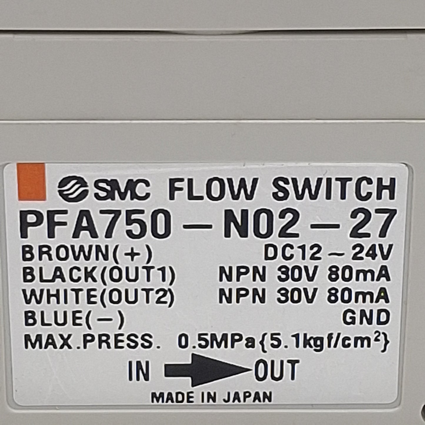 Used SMC PFA750-N02-27 Digital Flow Switch, NPN 12-24VDC, 5-50l/min, 0.5MPa, 4Pin M12