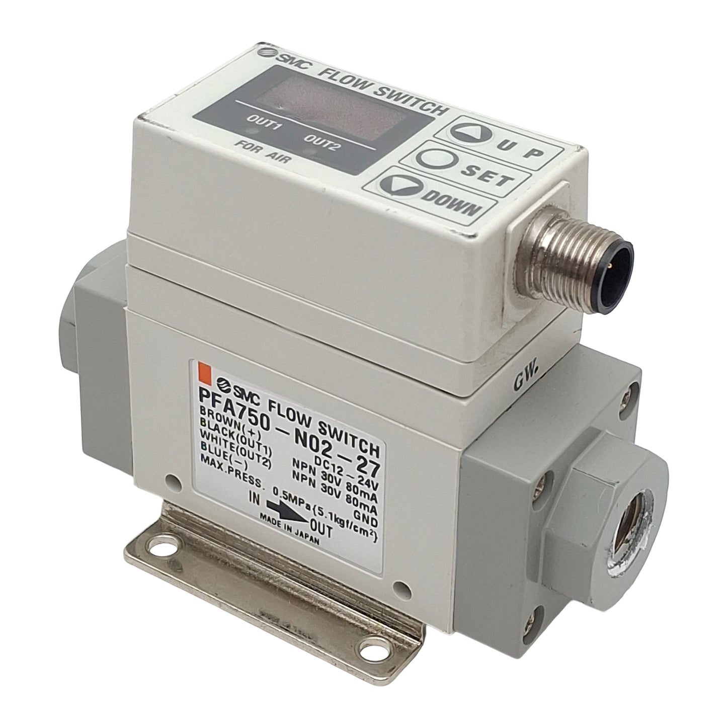 Used SMC PFA750-N02-27 Digital Flow Switch, NPN 12-24VDC, 5-50l/min, 0.5MPa, 4Pin M12