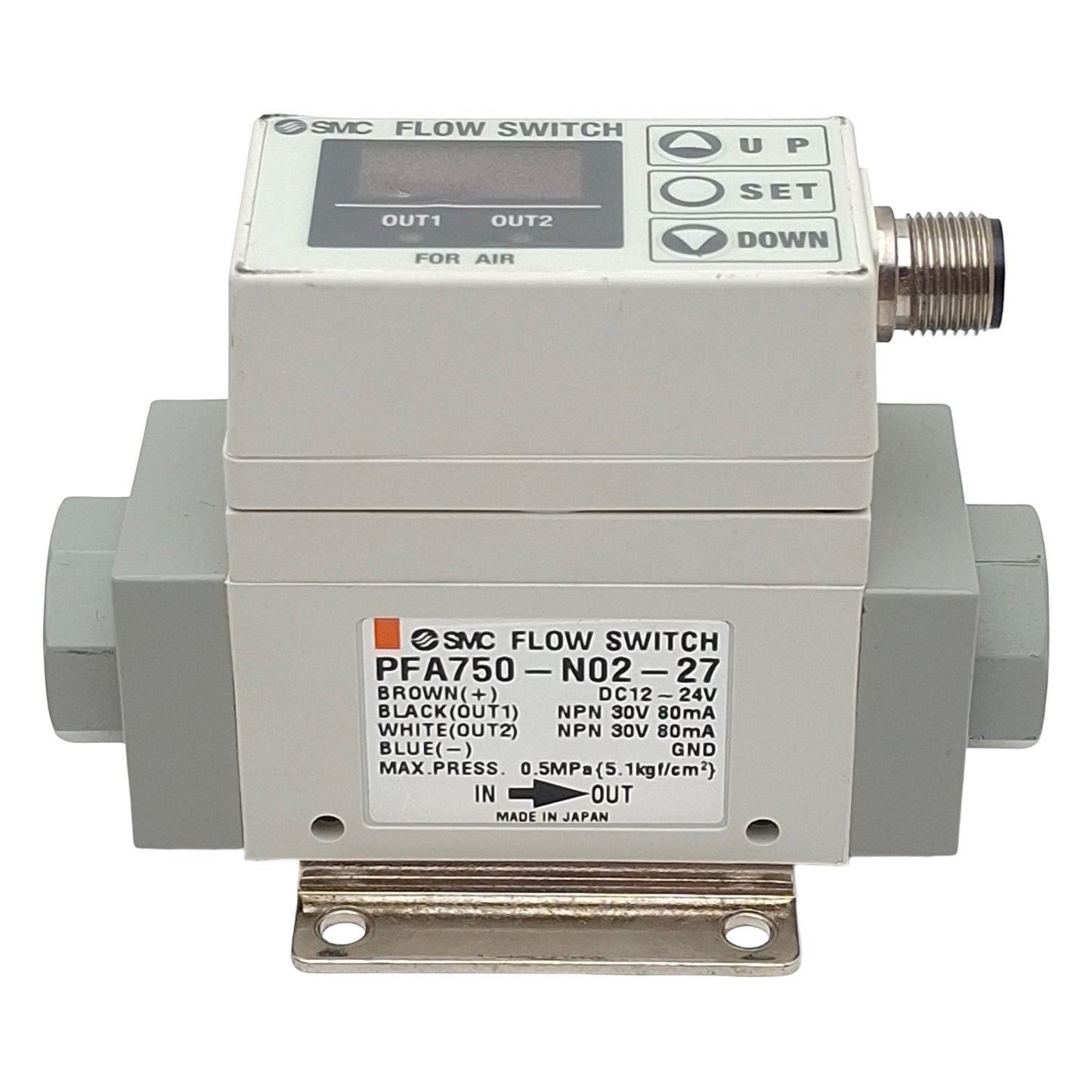 Used SMC PFA750-N02-27 Digital Flow Switch, NPN 12-24VDC, 5-50l/min, 0.5MPa, 4Pin M12