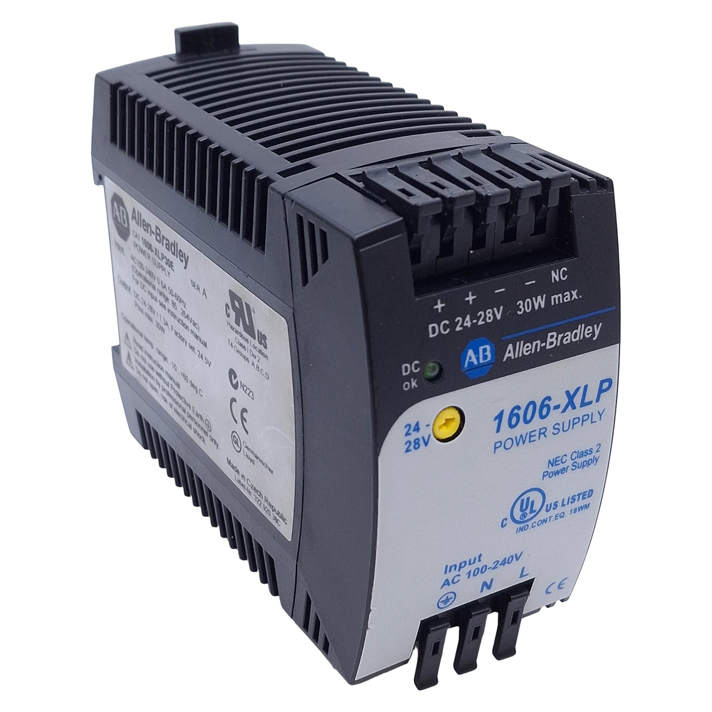 Used Allen Bradley 1606-XLP30E Power Supply 30W, 100-240VAC/110-300VDC, 24-28VDC Out