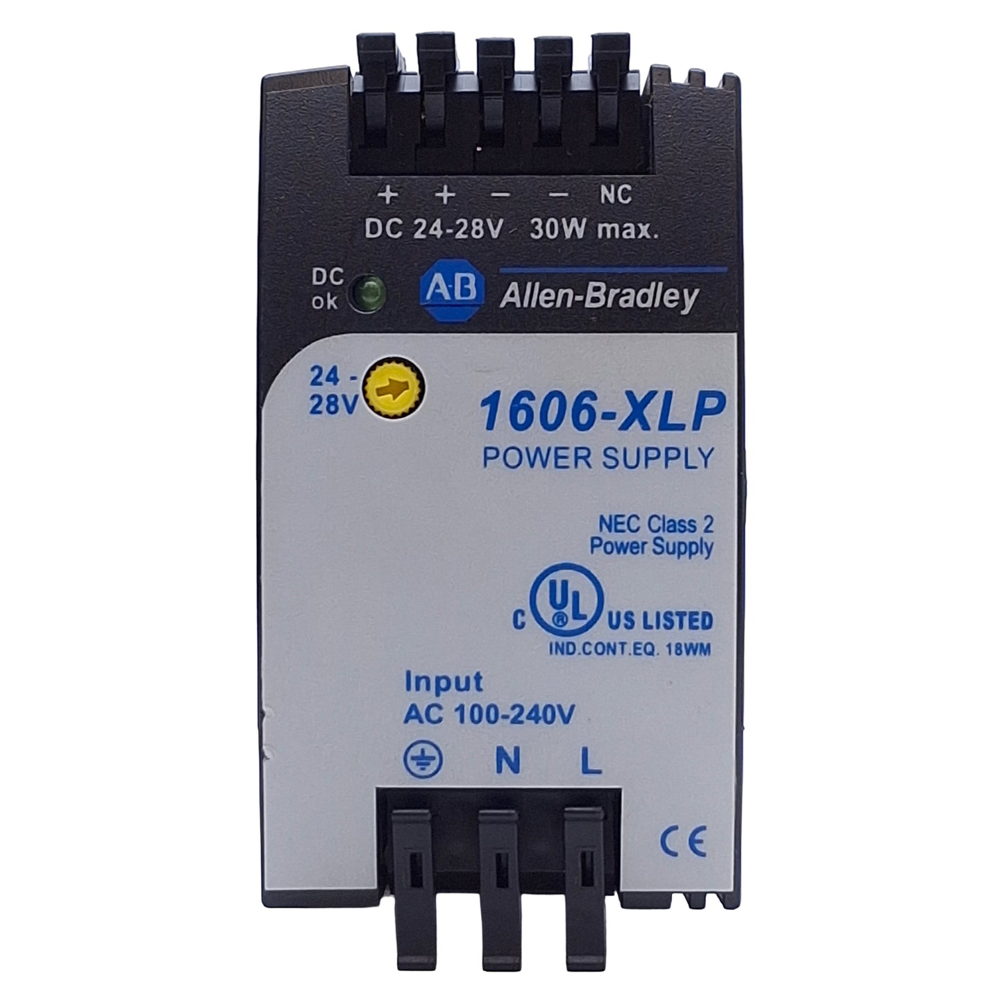 Used Allen Bradley 1606-XLP30E Power Supply 30W, 100-240VAC/110-300VDC, 24-28VDC Out