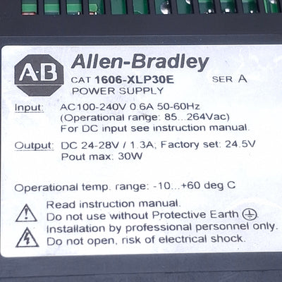 Used Allen Bradley 1606-XLP30E Power Supply 30W, 100-240VAC/110-300VDC, 24-28VDC Out