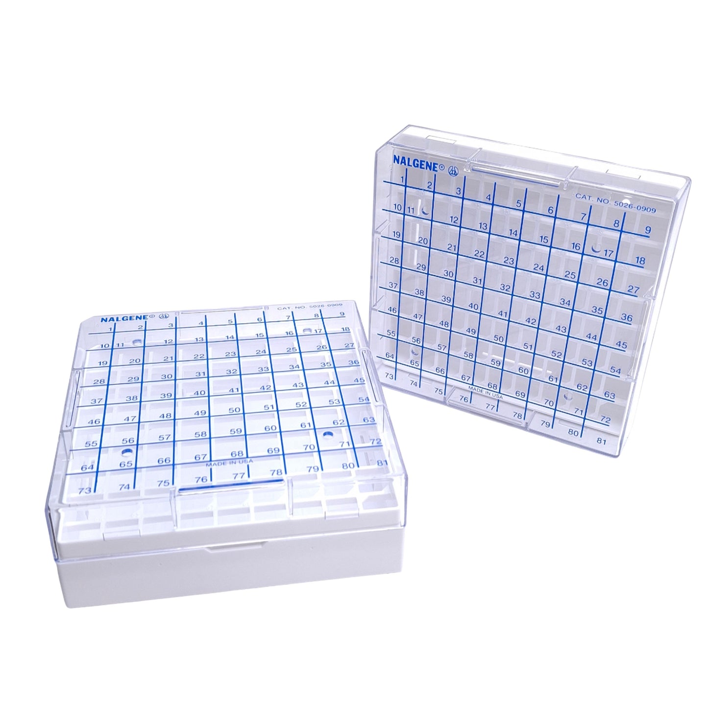 New – Open box Lot of 2 Nalgene 5029-0909 Polycarbonate Cryo Boxes, Hold 81 Vials (5ml), 95mm H