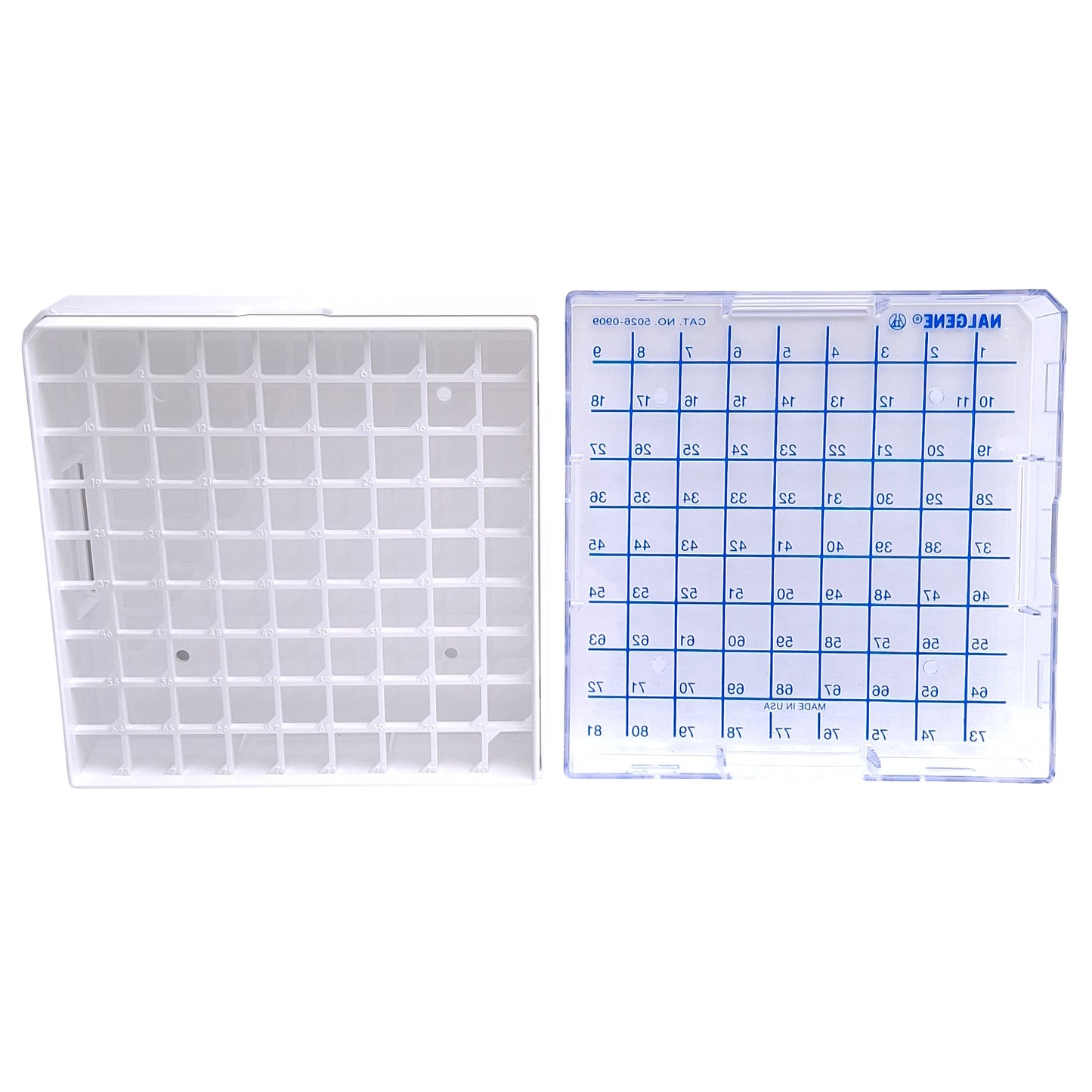 New – Open box Lot of 2 Nalgene 5029-0909 Polycarbonate Cryo Boxes, Hold 81 Vials (5ml), 95mm H