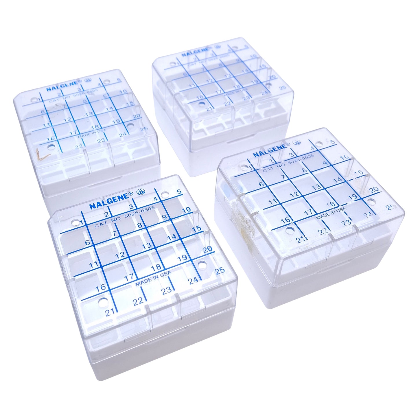 Used Lot of 4 Nalgene 5025-0505 Polycarbonate Cryo Boxes, Hold 25 Vials(1.2 and 2mL)