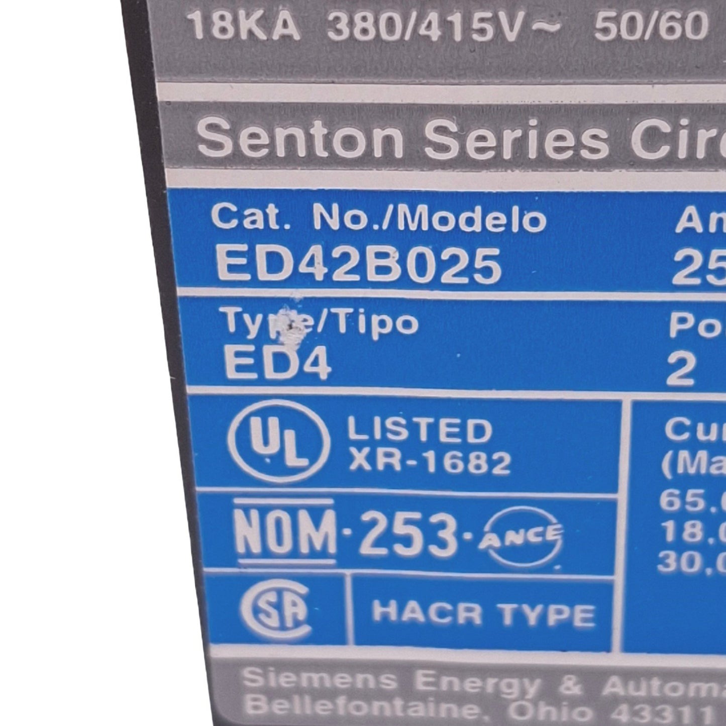 Used Siemens ED42B025 Sentron Circuit Breaker, 2-Pole 25A, 480VAC/250VDC, Bolt-On