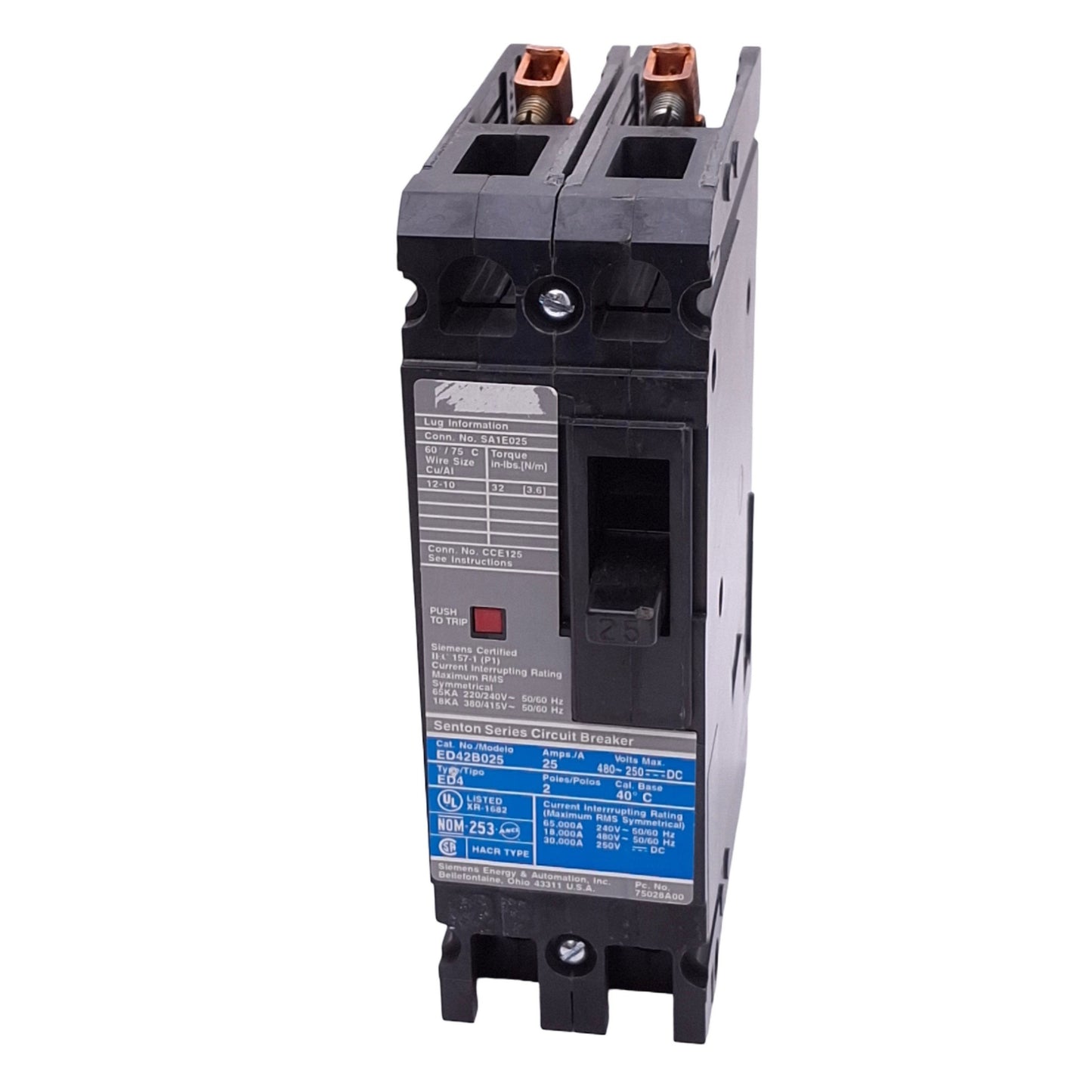 Used Siemens ED42B025 Sentron Circuit Breaker, 2-Pole 25A, 480VAC/250VDC, Bolt-On