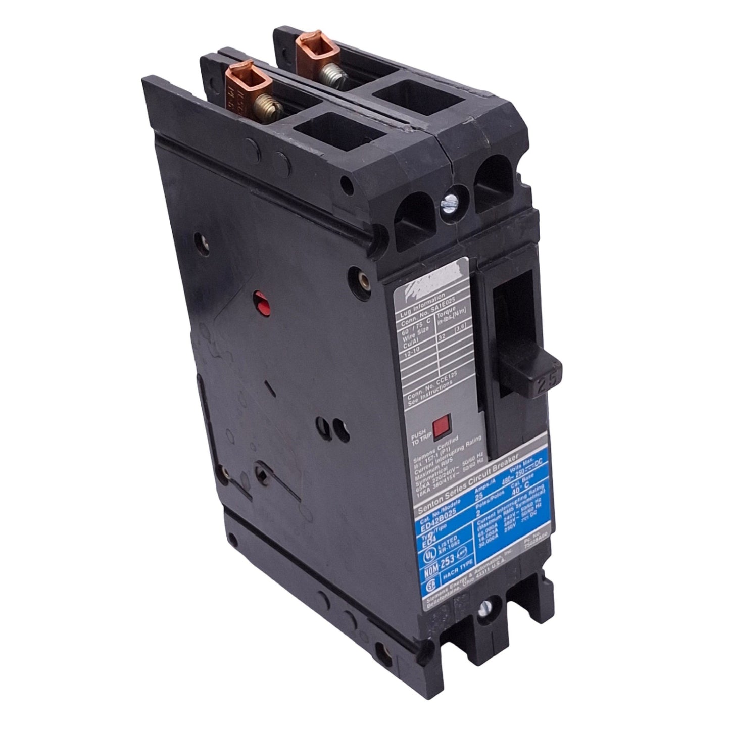 Used Siemens ED42B025 Sentron Circuit Breaker, 2-Pole 25A, 480VAC/250VDC, Bolt-On