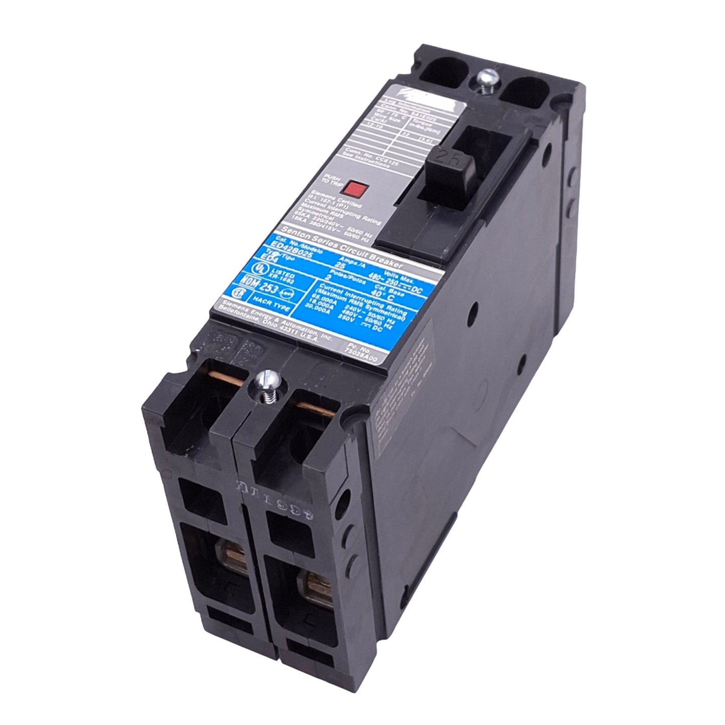 Used Siemens ED42B025 Sentron Circuit Breaker, 2-Pole 25A, 480VAC/250VDC, Bolt-On