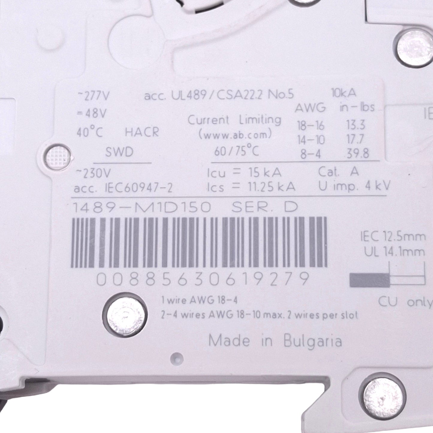 New – Open box Allen Bradley 1489-M1D150 Circuit Breaker, 1-Pole 15A, 277VAC Max, DIN Rail