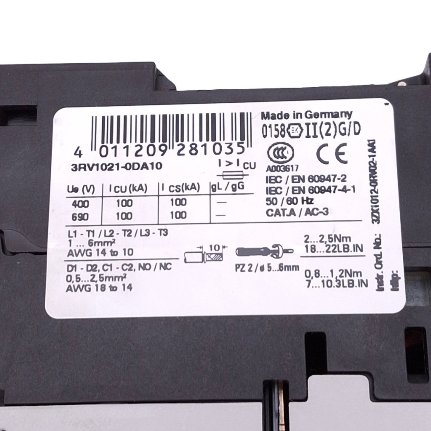 New – Open box Siemens 3RV1021-0DA10 SIRIUS Motor Circuit Breaker, 0.22-0.32A, 3-Pole, 0.09kW
