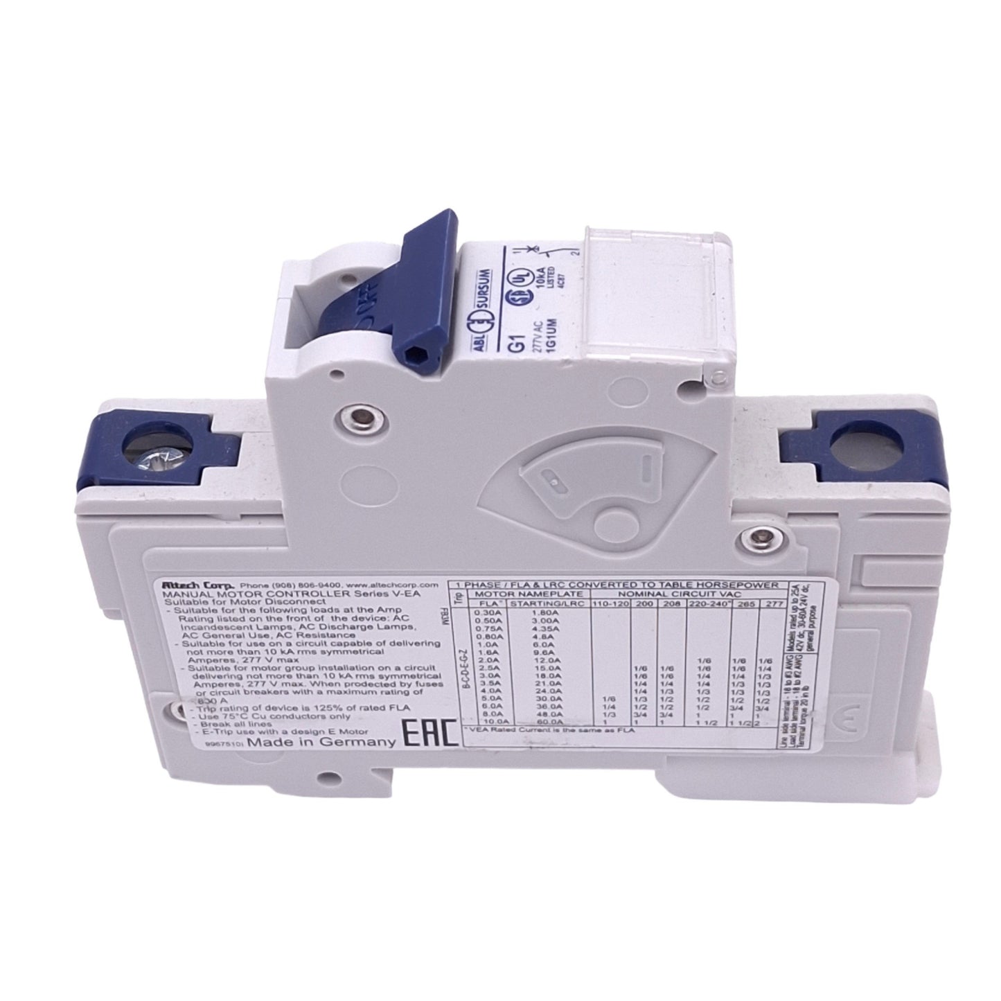 New – Open box Altech 1G1UM Mini Circuit Breaker, 1-Pole 1A, 277VAC/42VDC Max, DIN Rail