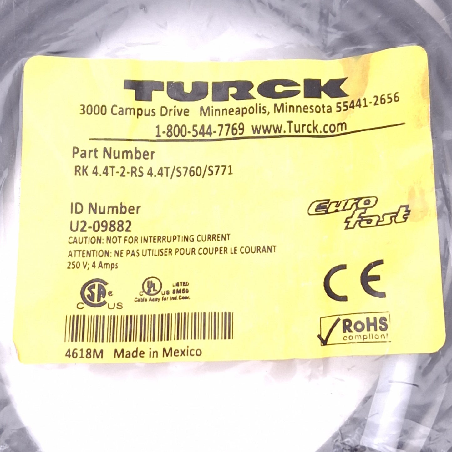New Turck RK 4.4T-2-RS 4.4T/S760/S771 Eurofast Cordset, M12 4-Pin Male/Female, 2m