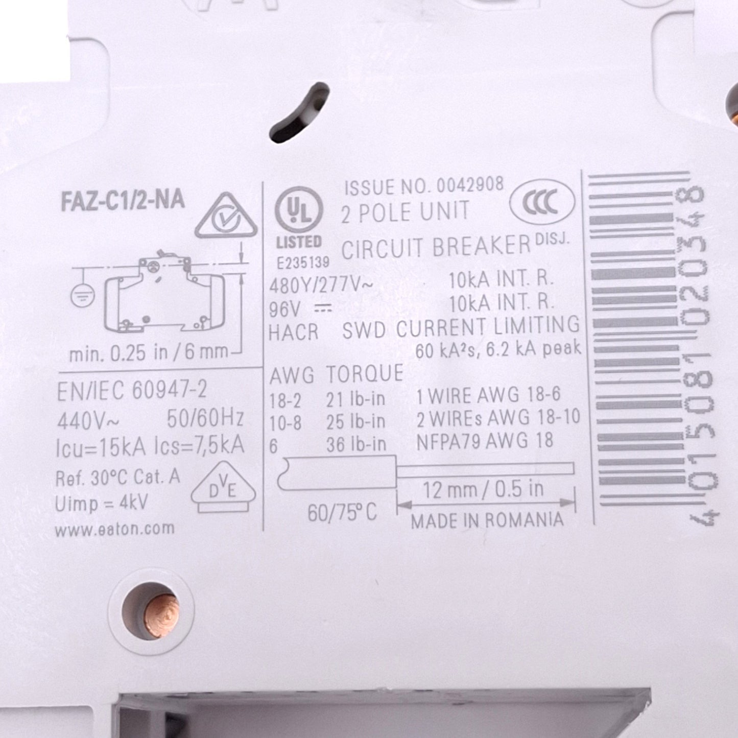 New – Open box Eaton FAZ-C1/2-NA Circuit Breaker, 2-Pole 1A, 480Y/277VAC 48VDC, DIN Rail