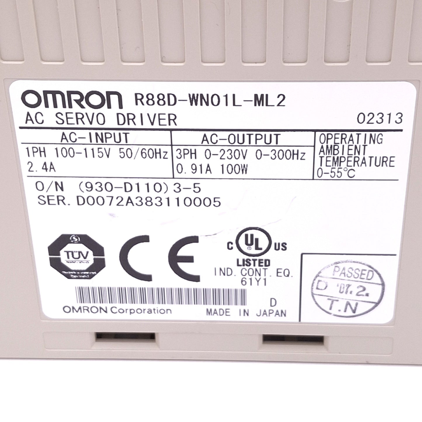 Used Omron R88D-WN01L-ML2 AC Servo Driver, 3ph 0-230VAC 0-300Hz Out, 100W Max