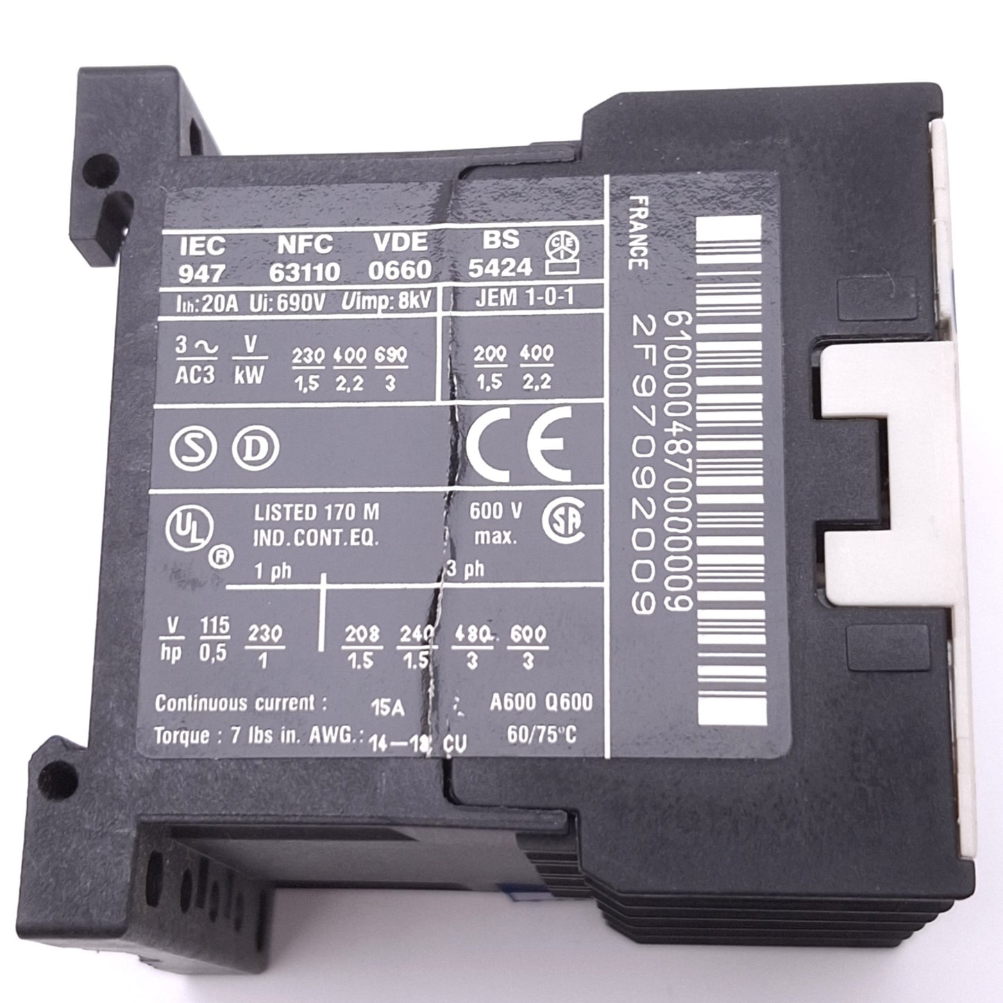 Used Telemecanique LC1K0610E7 Contactor, 3-Pole NO, 1NO Aux, 15A Max, 48VAC Coil