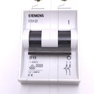 New – Open box Siemens 5SX22D13 Circuit Breaker, 2-Pole 13A, 400VAC Max, DIN Rail