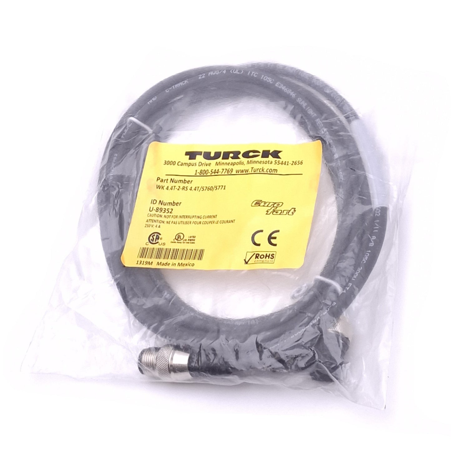 New Turck WK 4.4T-2-RS 4.4T/S760/S771 Eurofast Cordset, M12 4-Pin Angled F to M, 2m