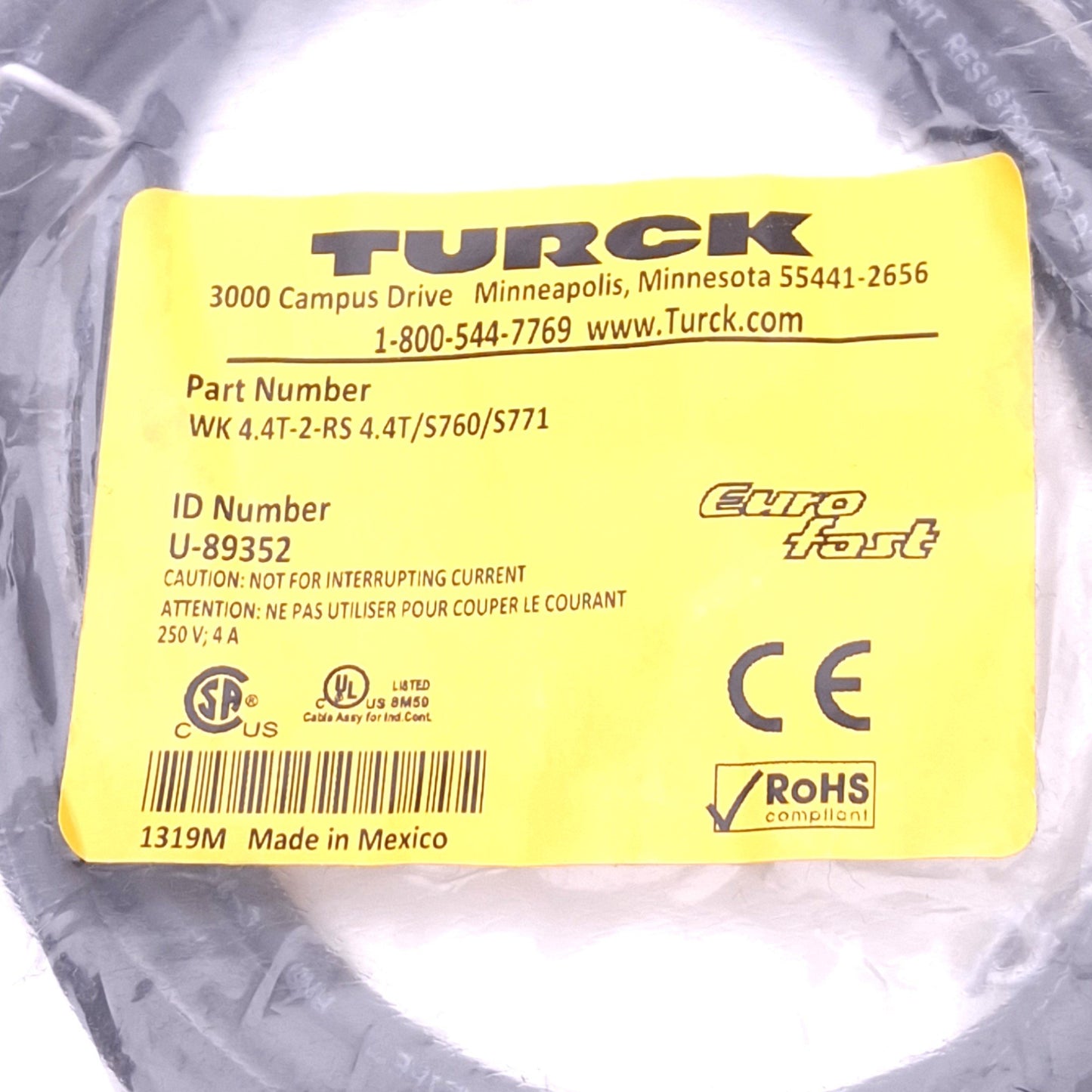 New Turck WK 4.4T-2-RS 4.4T/S760/S771 Eurofast Cordset, M12 4-Pin Angled F to M, 2m