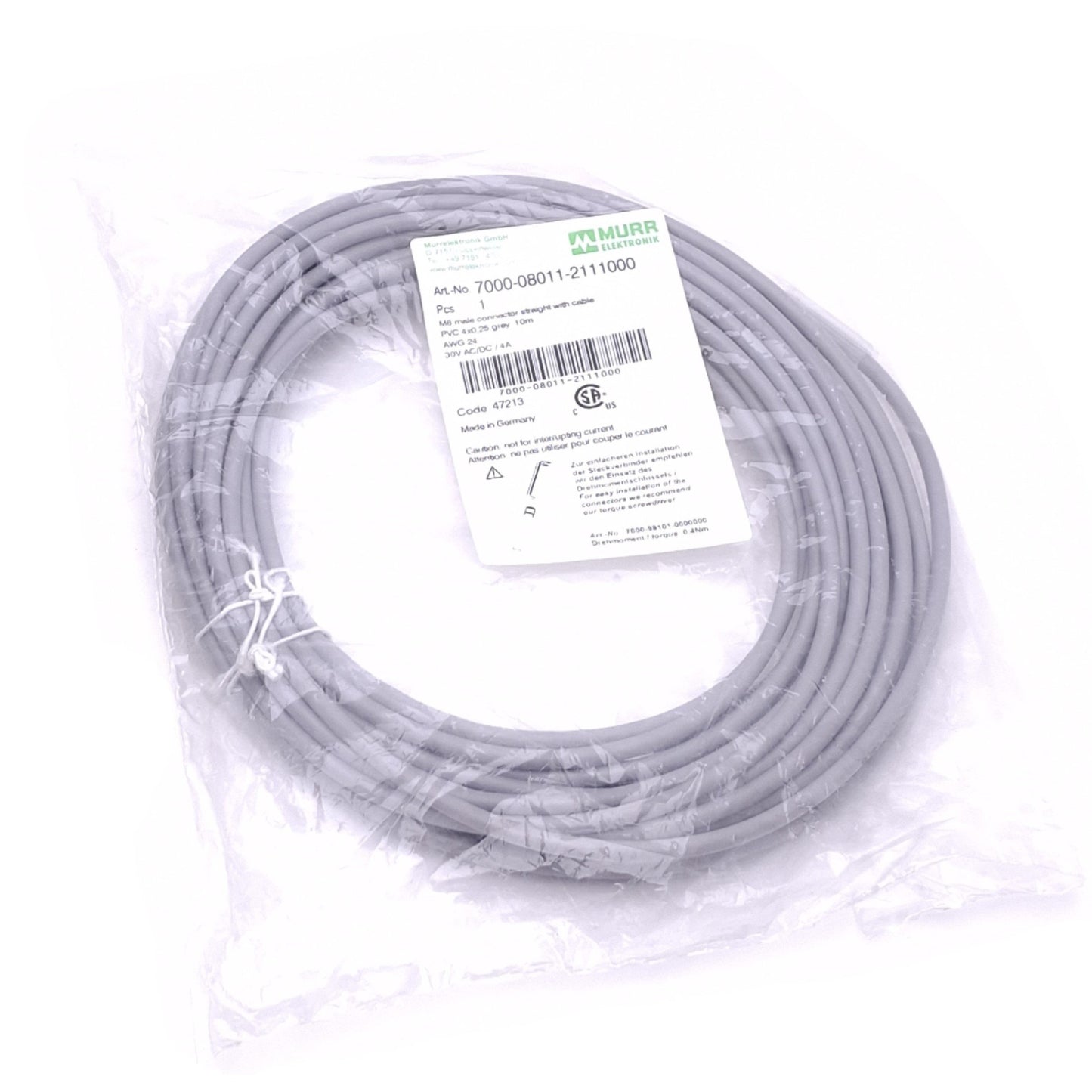 New Murrelektronik 7000-08011-2111000 Cable, M8 4-Pin Male, 10m Length, 30V 4A