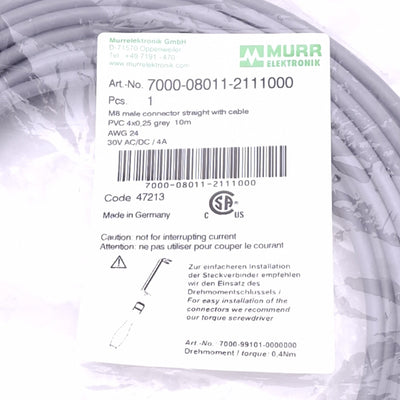 New Murrelektronik 7000-08011-2111000 Cable, M8 4-Pin Male, 10m Length, 30V 4A