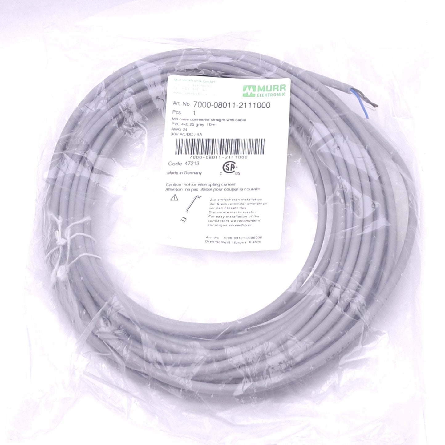 New Murrelektronik 7000-08011-2111000 Cable, M8 4-Pin Male, 10m Length, 30V 4A