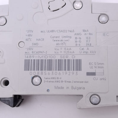 Used Allen Bradley 1489-M1D100 Circuit Breaker, 1-Pole 10A, 277VAC Max, DIN Rail