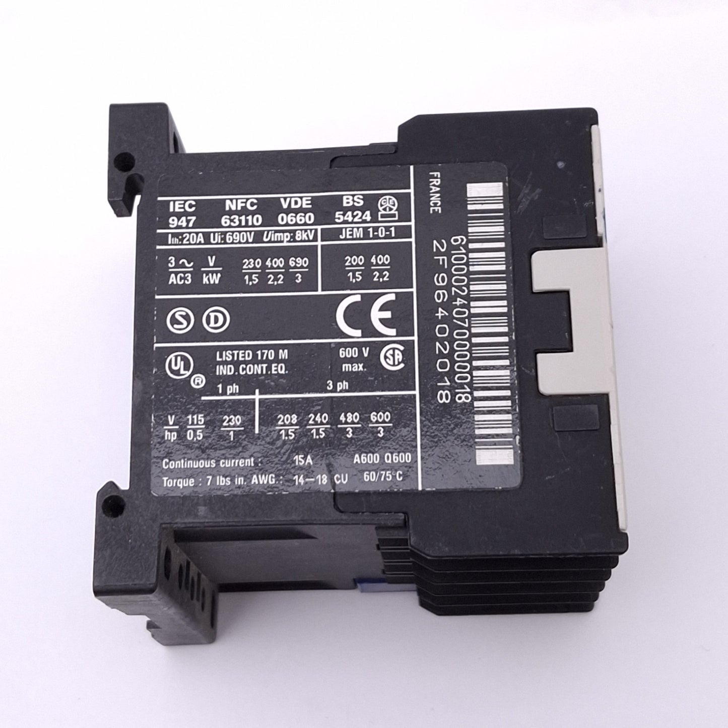 Used Telemecanique LC1K0610U7 Contactor, 3-Pole NO, 1NO Aux, 15A Max, 240VAC Coil